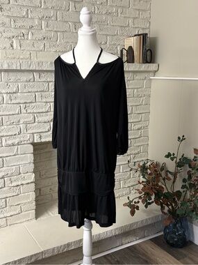 Le Château Black Cold Shoulder Drop Waist Halter Dress XXL Made in Canada